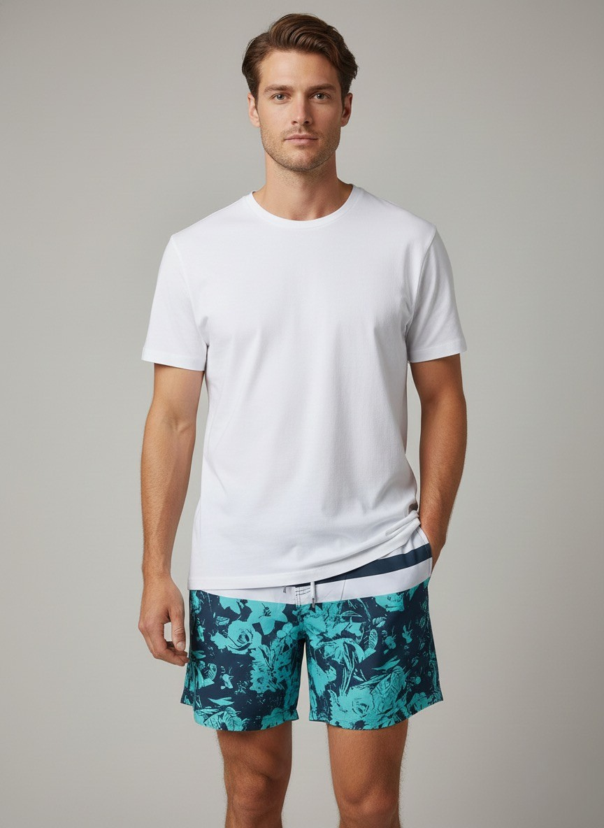 Conjunto Camiseta Branca + Calção Tropical Azul