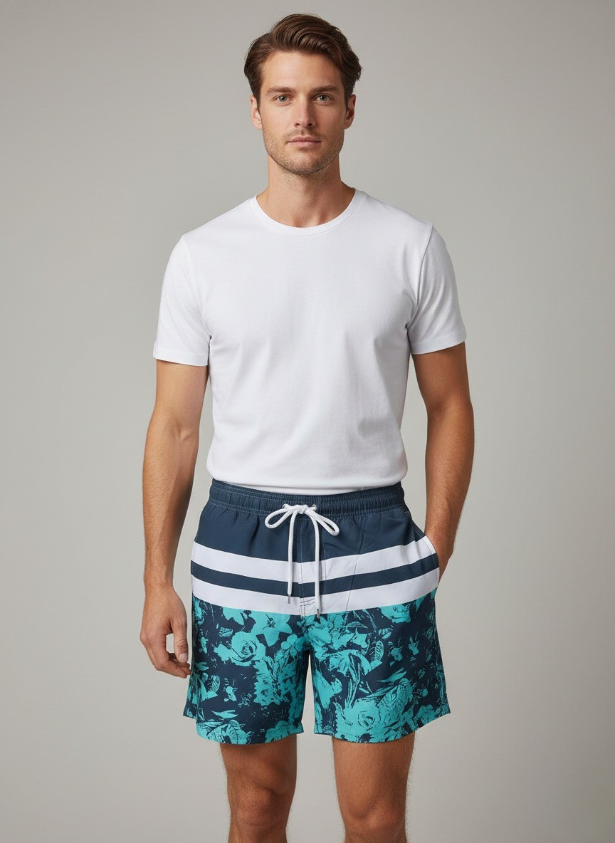 Conjunto Camiseta Branca + Calção Tropical Azul