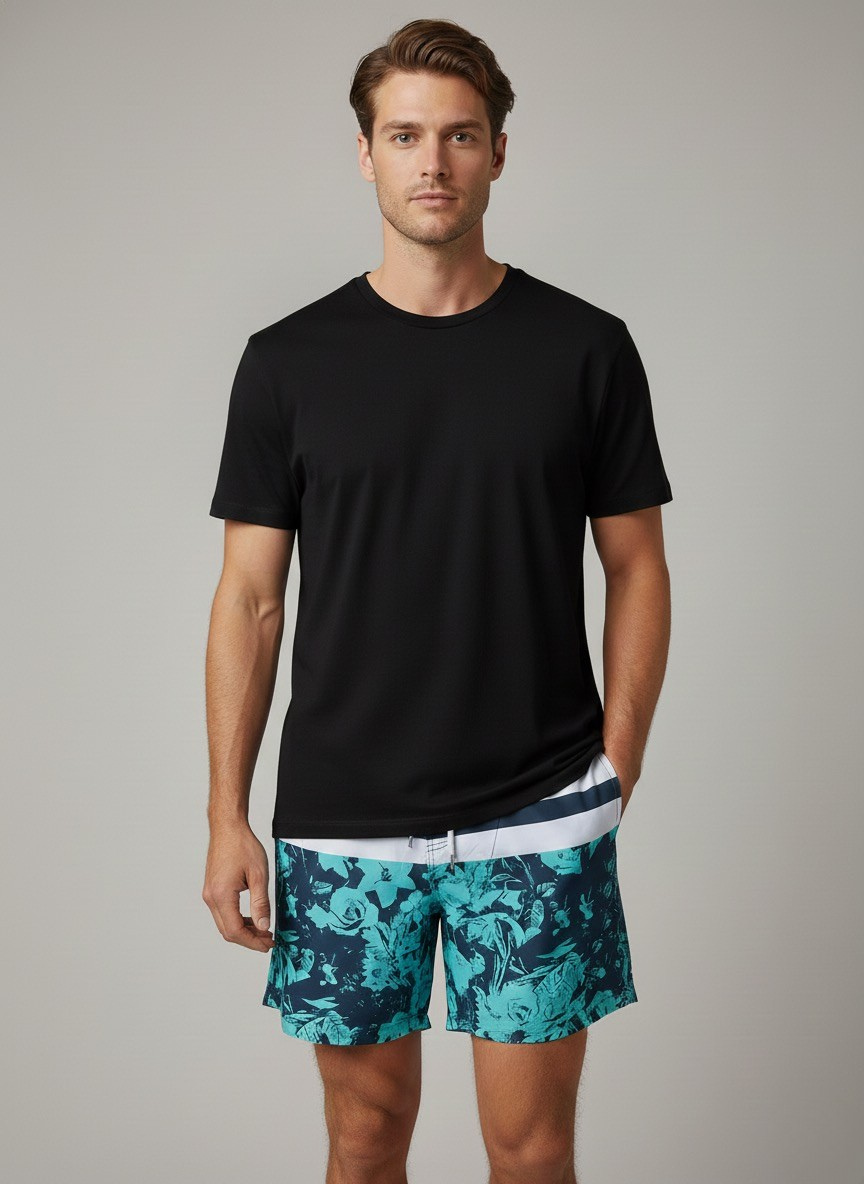 Conjunto Camiseta Branca + Calção Tropical Azul