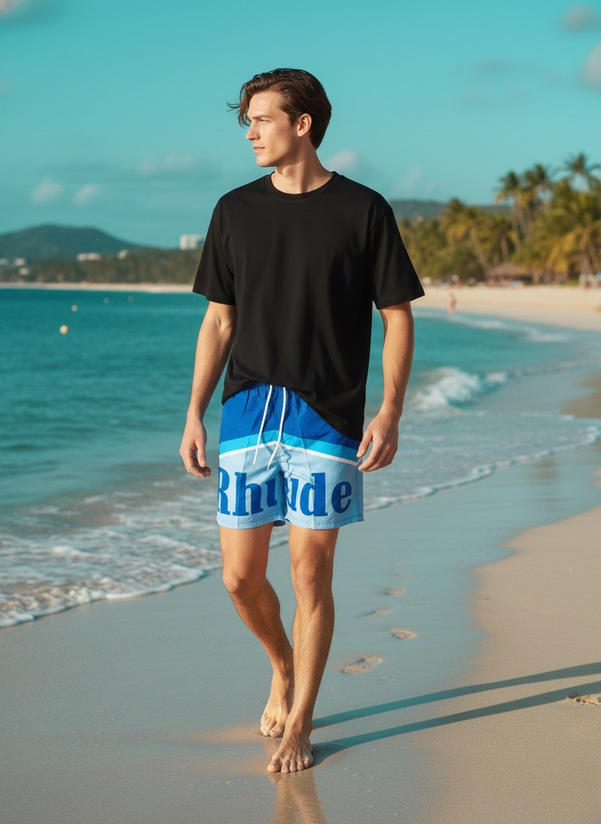 Conjunto Camiseta Preta + Calção azul Tropical Rhude