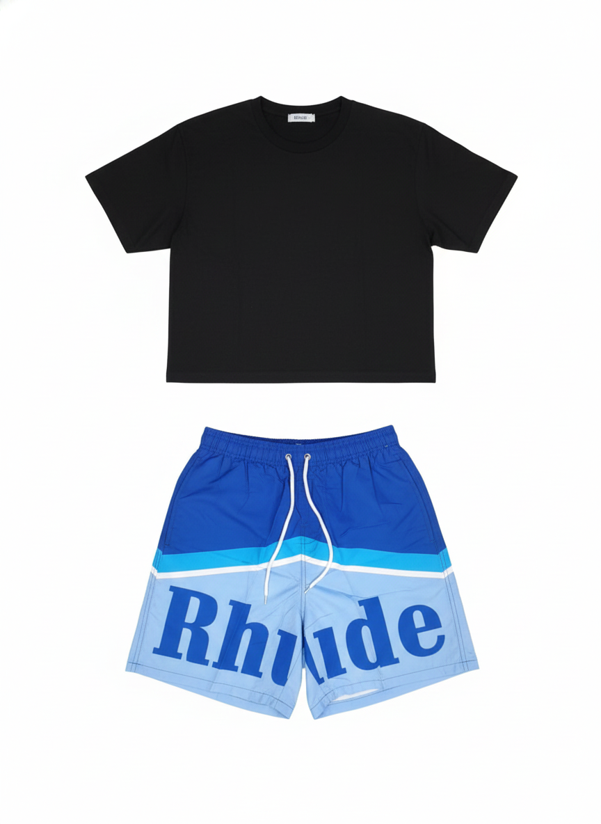 Conjunto Camiseta Preta + Calção azul Tropical Rhude