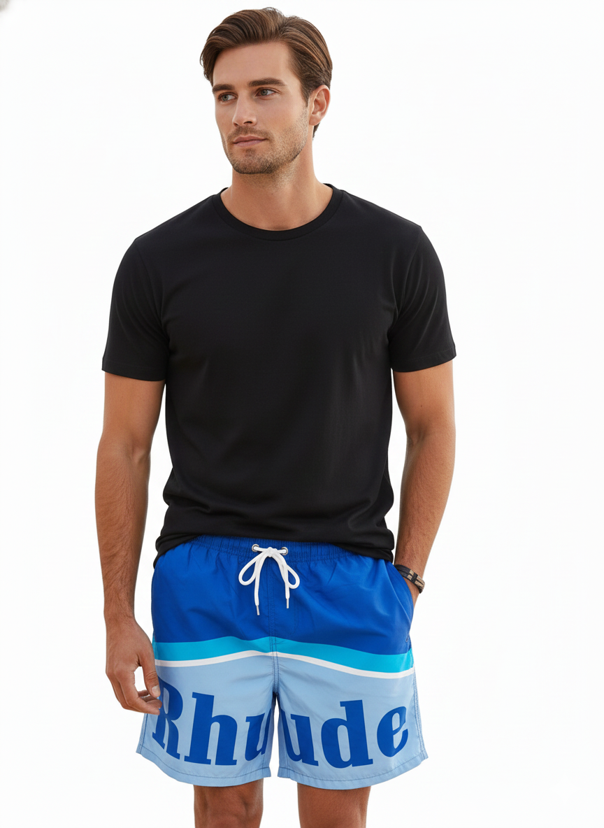 Conjunto Camiseta Preta + Calção azul Tropical Rhude